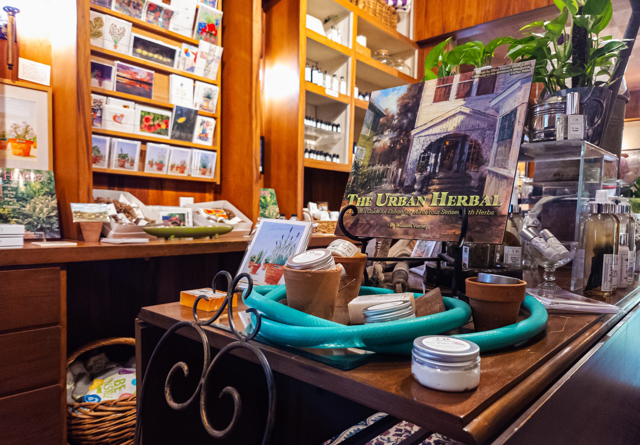 Inside the URBANherbal shop, with William Varney’s book and herbal goods