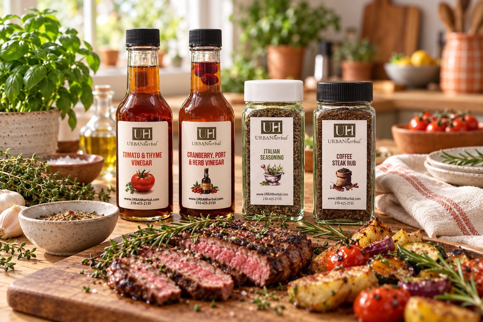 Herbal vinegars and seasonings with steak, roasted vegetables, and fresh herbs in a sunny kitchen